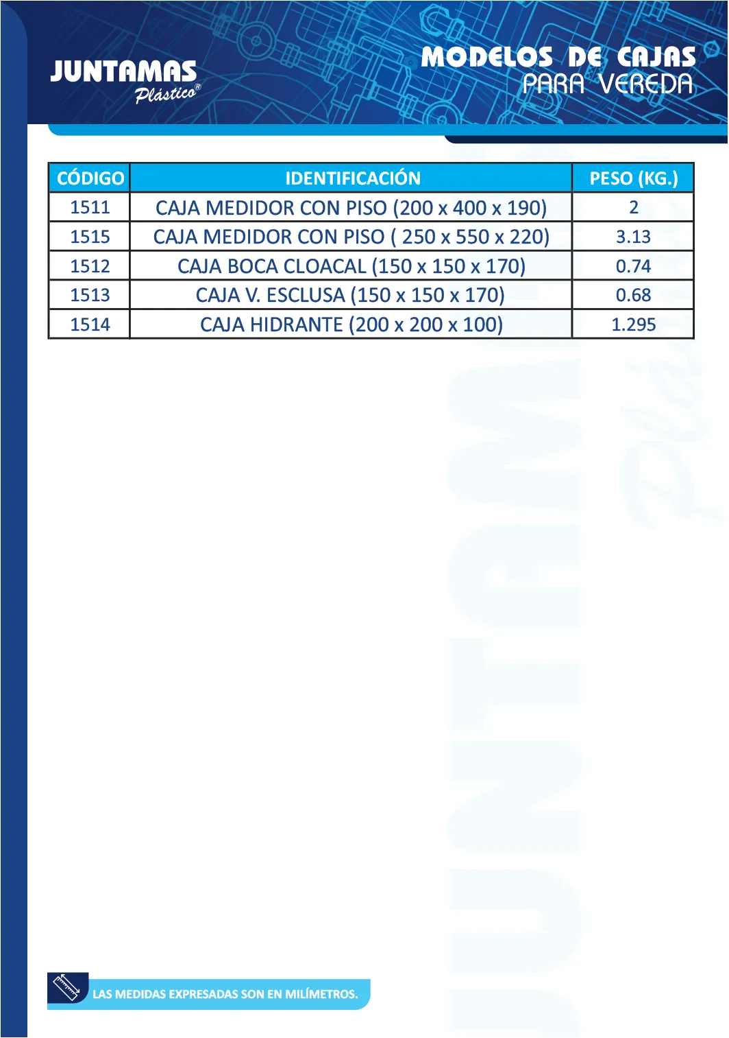 Tabla de medidas de Cajas para vereda